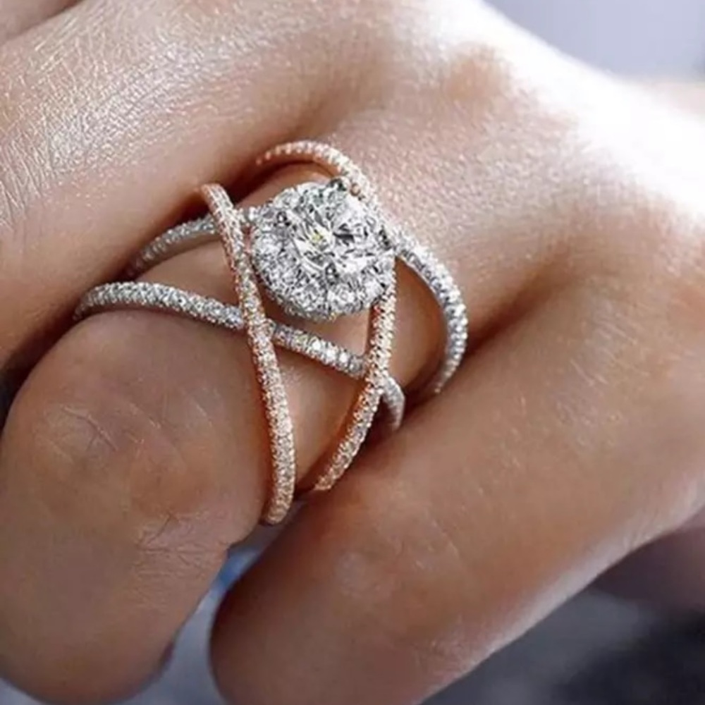 NEW 925 SILVER&ROSE GOLD DIAMOND CROSS RING